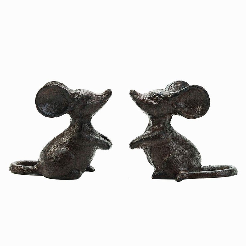 Sungmor Cast Iron Little Cute Mouse Ornament - Decorative & Lovely Figurine Indoor Outdoor Statues - Interesting Animal Sculpture Home Decoration - 2PC Pack & Brown Color - Image 1